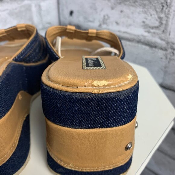 Vintage Y2K Denim Faux Leather Square Open Toe Platform Wedge Sandal - Picture 9 of 10